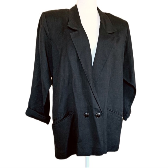 Vintage 90’s Black Oversized Double Breasted Blazer 14 Linen Blend - Picture 1 of 9